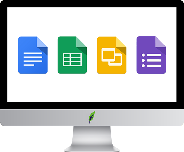 Screenschot computerscherm met iconen Google Docs - Google Sheets - Google Slides - Google Forms - in kleur op transparante achtergrond - 600 * 496 pixels
